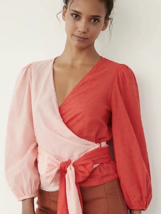FARM Rio Tops - Anthropologie x FARM Rio Wrap Blouse Swiss Dot Puff Sleeve Colorblock Pink Red